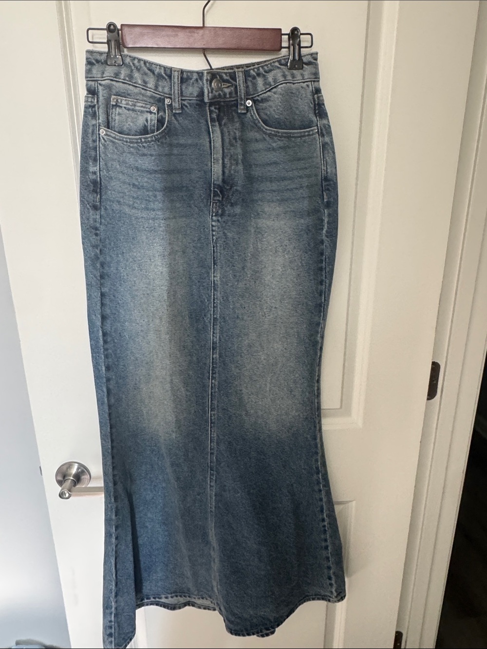 H&M Washed Blue High-Rise Flare Denim Skirt